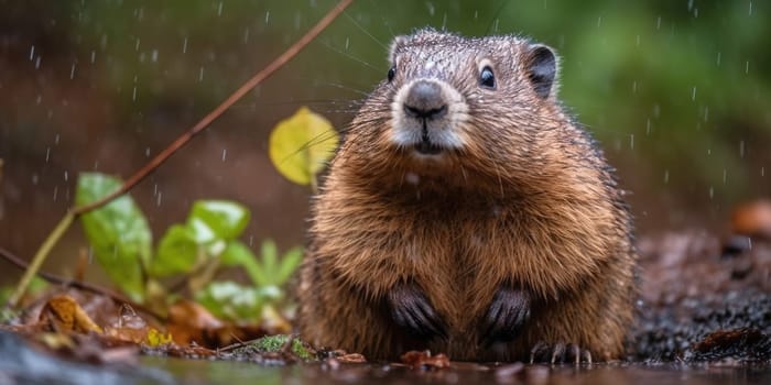 Wild Hamster In The Forest In The Rain, Animal In Natural Habitat