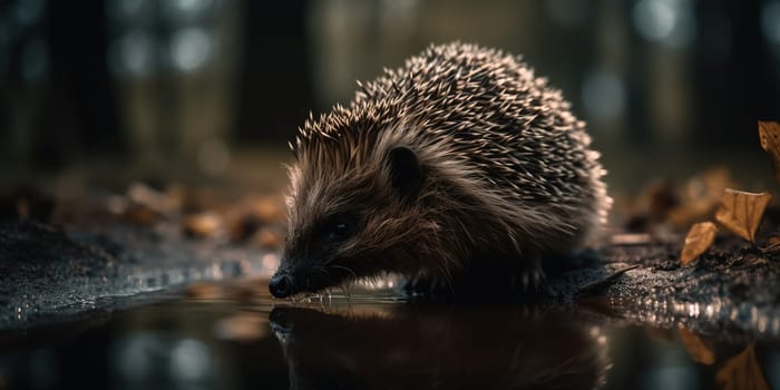 Wild Hedgehog Drinks Water From The Puddle In The Forest, Animal In Natural Habitat