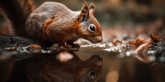 Beautiful Red Wild Squirrel Drinks Water From Creek In Autumn Forest, Animal In Natural Habitat
