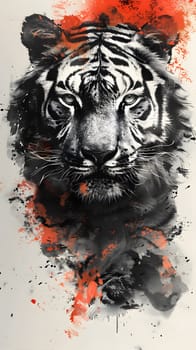 An artistic black and white depiction of a Bengal tigers head with striking red splashes, showcasing the fierce and majestic nature of this carnivorous Felidae species