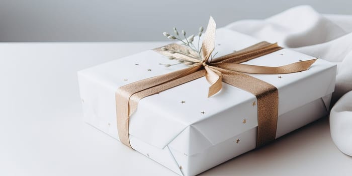 Beautiful Gift Box With A Golden Bow On A White Bed