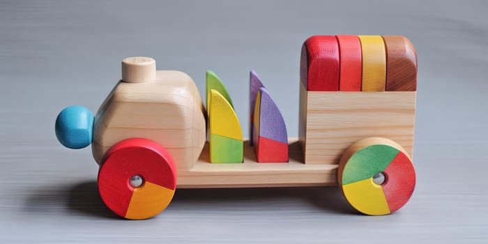 Wooden Kids Toy Train On A Grey Background