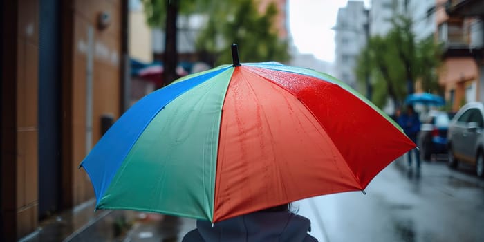 Person Under An Colorful Umbrella In The Rain On A City Street