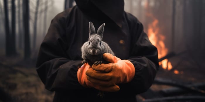 Fireman Holding Wild Rabbit During Fire In Forest , Concept Nature Wild Life Saving