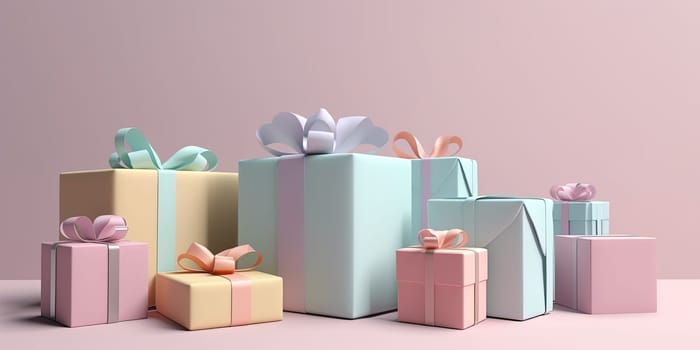 3D Illustration Gift Boxes With Bow In Pastel Colors , Concept Of Gifting For Holidays