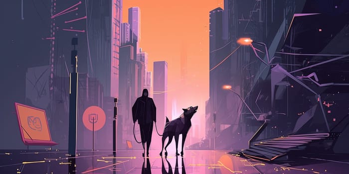 Illustration Silhouette Man Walking With Big Howling Dog By Dark City Street, Concept Pets In Modern City