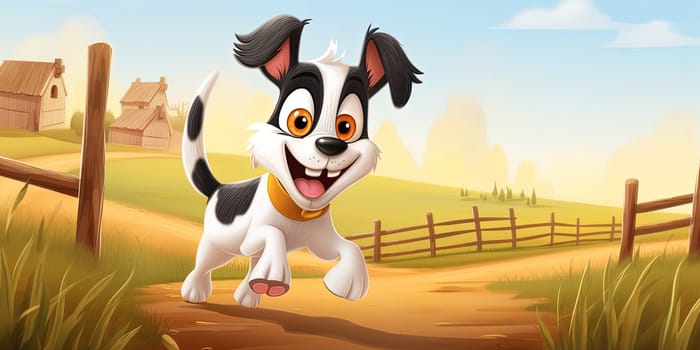 Cartoon Little Puppy Dog Running On A Farm, Illustration