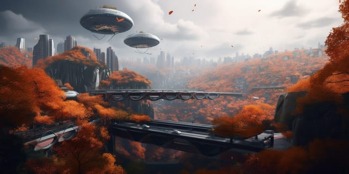 Fantastic World On Future With Flying Saucers In The Sky