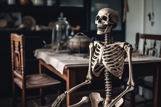 Old human skeleton on a arm chair on background of Kitchen, generative AI