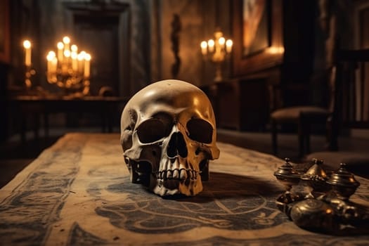 human skull on a table in a dark and terrible medieval interior, mysterious mystical place, generative AI