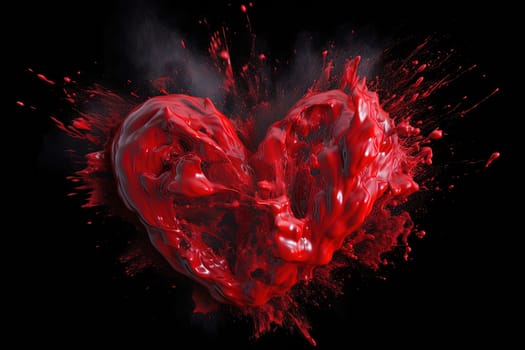 Red paint splashes form a heart shape, symbolizing love and passion, as they make a striking contrast against a dark black background.