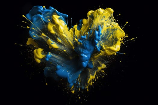 Paint splashes in yellow and blue, representing the colors of Ukraine's national flag, create a vibrant and patriotic artistic expression on a canvas , generative AI