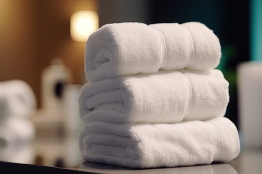 Close-up view of stack of towels on a table in spa salon