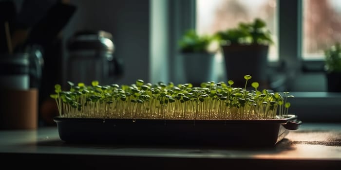 Growing micro green sprouts in glass container on a table in the kitchen