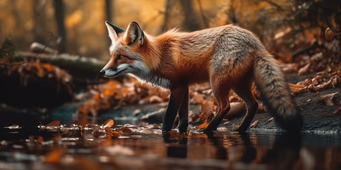 Red Fox By Puddle Of Water In Autumn Forest, Animal In Natural Habitat