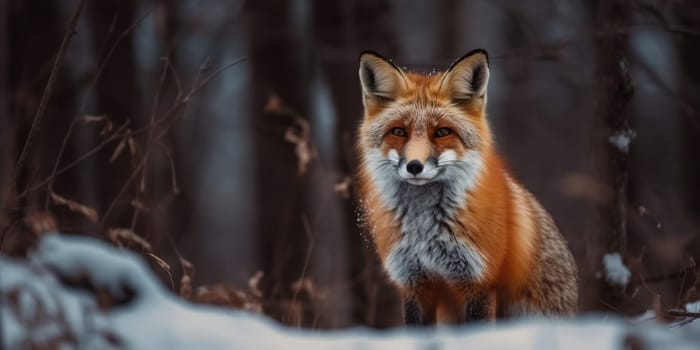 Red Fox In The Winter Forest On A Hunting, Animal In Natural Habitat