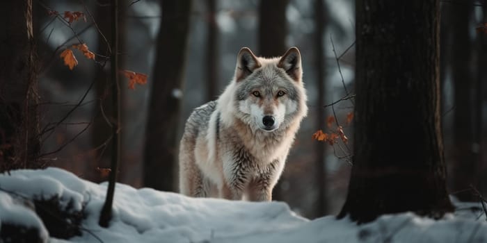 Big Wild Wolf Hunting In The Forest In Winter, Animal In Natural Habitat