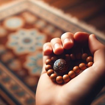 A close up of a beautifully crafted prayer bead held gently between fingers, with a soft focus on a prayer rug in the background. Happy ramadan, ramadhan, ramazan. High quality photo