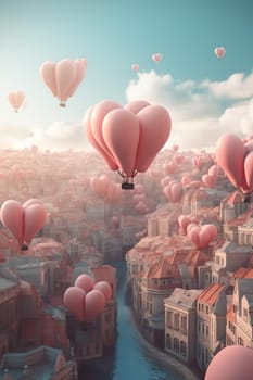 Cartoon City With Big Pink Hot Air Balloons In The Sky, Valentine'S Day Concept