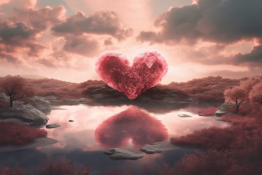 Amazing Landscape View With Pink Cloud In Heart Shape, Valentines Day Concept