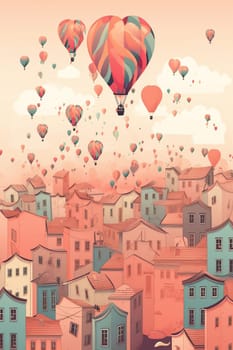 Illustration Of Hot Air Balloons In The Sky Above The Cartoon City, Valentine'S Day Picture