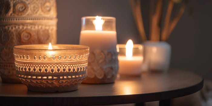 Beautiful decorative candle holders with burning candles on table create serene atmosphere in massage, spa, salon.