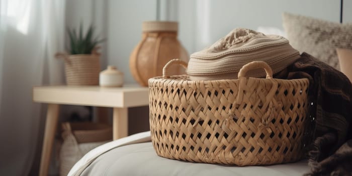 Stylish woven basket in cozy room stores clothes, adding decoration and convenience.