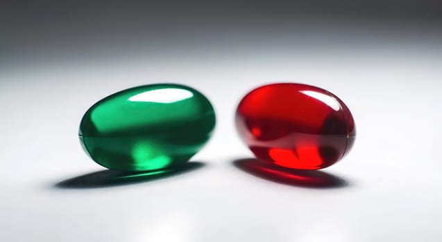green and red pills capsules with medicine, concept of choice between real and imagine , generative AI