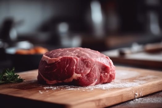 Raw beef meat on a cutting board in a kitchen cooking meat dinner , generative AI