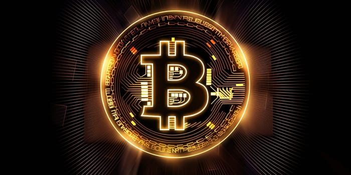 Illustration Of Glowing Bitcoin Coin , Concept Of Cryptocurrencies