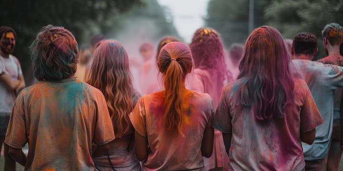 People In Holi Powder Paint Celebrating Holidays Outdoors In Crowd