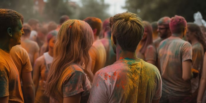 Crowd Of People Celebrating Holy Holiday With Colorful Powder Paints, Back View