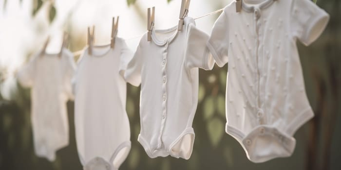 Baby Costumes For Newborns Are Dried On A Clothesline Outdoors