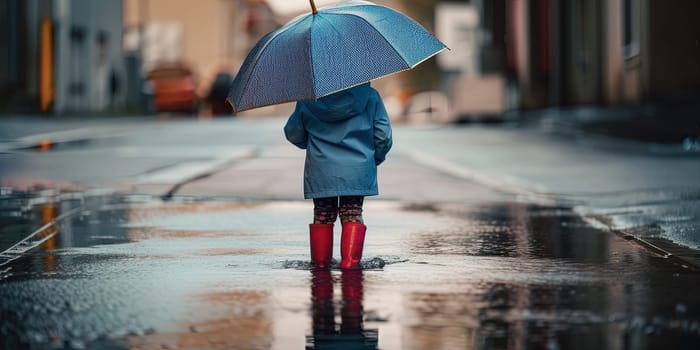 Child Stands In A Puddle Under An Umbrella During The Rain On A City Street
