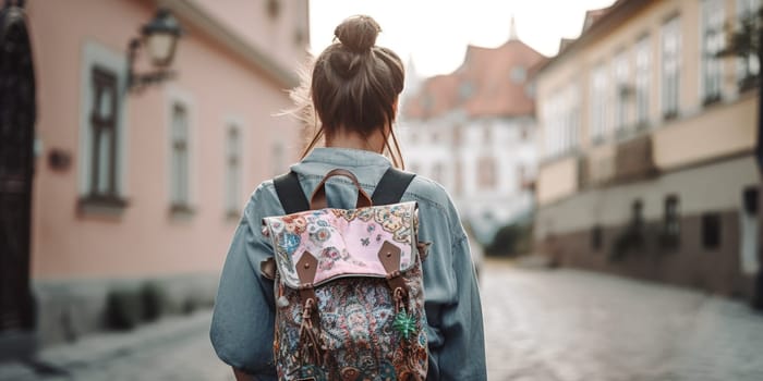 Young Girl With Stylish Embroidered Backpack On A Street , Back View