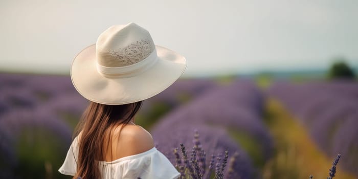 Stylish Young Lady In A White Hat On A Lavender Field In Back View