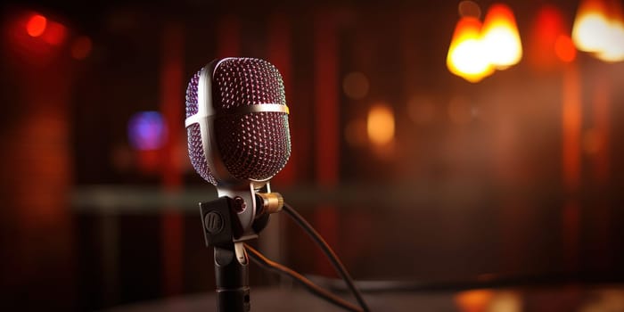 Microphone On An Empty Stage Of Night Club Waiting For A Singer