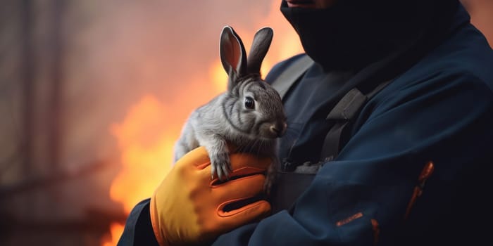 Fireman Holding Wild Rabbit During Fire In Forest , Concept Nature Wild Life Saving