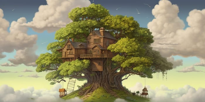 Huge fantasy tree with tiny houses in its crown serves as home for magical fairy-tale characters