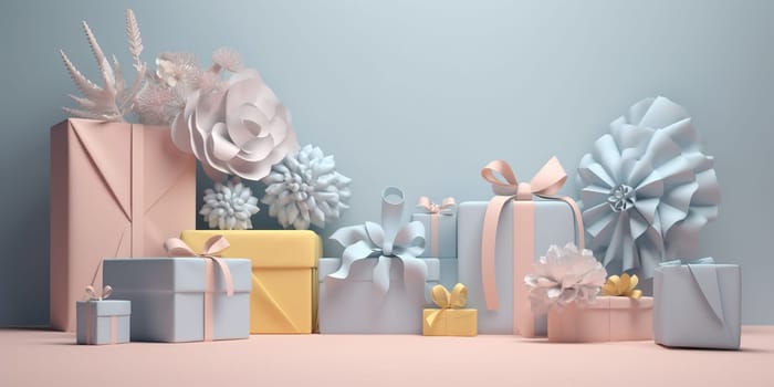 3D Illustration Gift Boxes And Quilling Flowers In Pastel Colors , Concept Of Gifting For Holidays