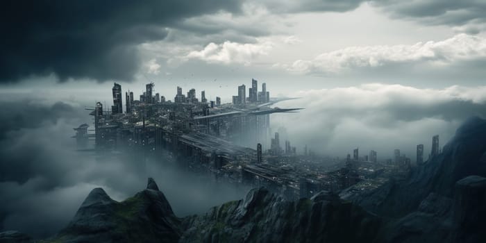 Futuristic megacity with towering skyscrapers on a dramatic mountain landscape in the clouds