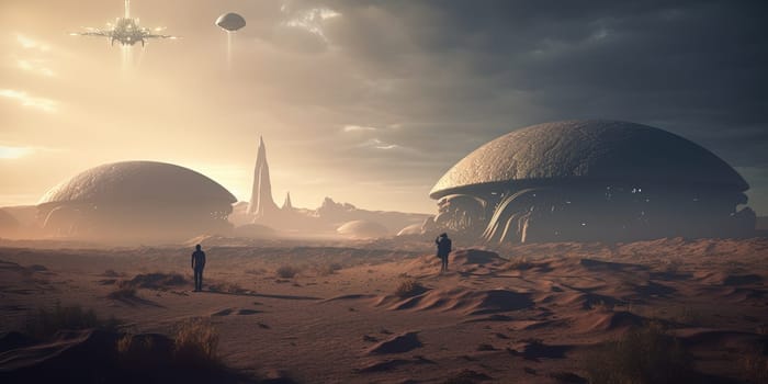 Impressive landscape on a distant planet with future settlements, depicting the concept of planetary colonization