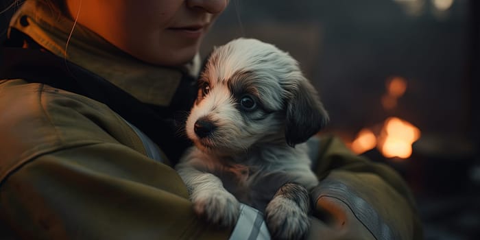 Fireman Holding Wild Puppy Dog During Fire , Concept Nature Wild Life Saving