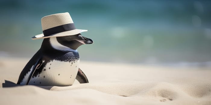 Funny Penguin In Retro Hat And Sunglasses Lying On A Sandy Beach, Generative Ai