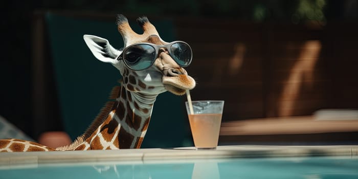 Giraffe In Sunglasses With Juicy Cocktails Lying On A Desk Chair By The Pool, Generative Ai