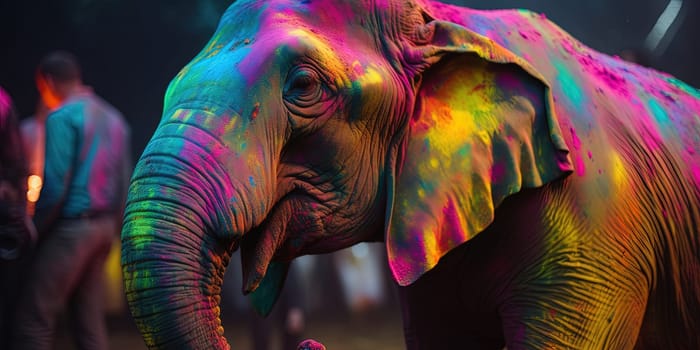 Elephant In Colorful Powder Paint On A Holi Holday, Generative Ai