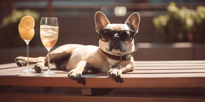 Funny Dog In Sunglasses With An Alcoholic Cocktails Relaxing By Pool, Generative Ai