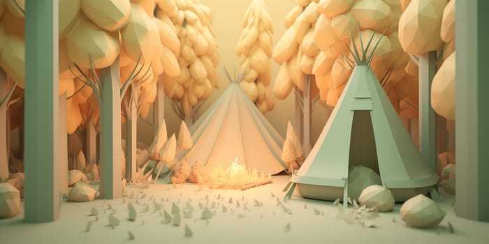 3D Illustration Hut Tents In Forest And Bonfire , Concept Of Nature Tourism