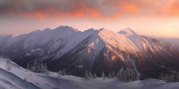 Winter landscape with mountain range in snow at sunset, generative AI