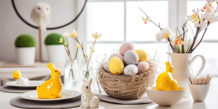 Dyed Easter eggs in a wicker basket on the kitchen table with flowers and Easter bunny figurines